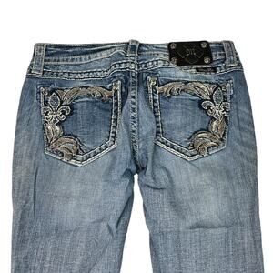 Miss Me Bootcut Mid Rise Jeans Y2K Fleur Bling Embellished Medium Wash 29